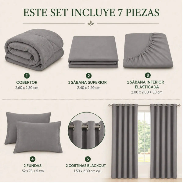 Set de cobertor queen de 7 piezas en gris claro, con mantas y fundas de la marca Enigma Store, en una vista de conjunto.