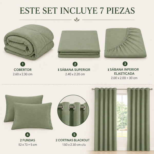 Set Cobertor Queen 7 Piezas Verde