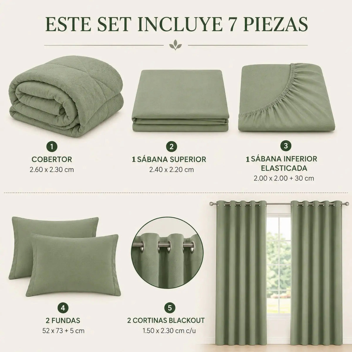 Frazada de 7 piezas para cama queen en color verde, conjunto de cobertores de la marca Enigma Store.