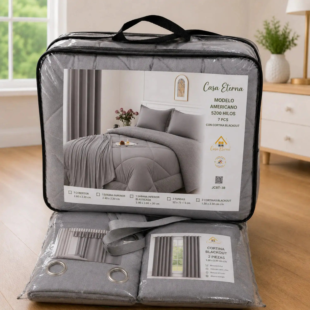 Set de cobertor queen de 7 piezas en gris claro de la marca Enigma Store, con mantas y fundas para cama.