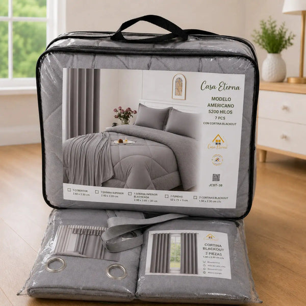 Set de cobertor queen de 7 piezas en gris claro de la marca Enigma Store, con mantas y fundas para cama.