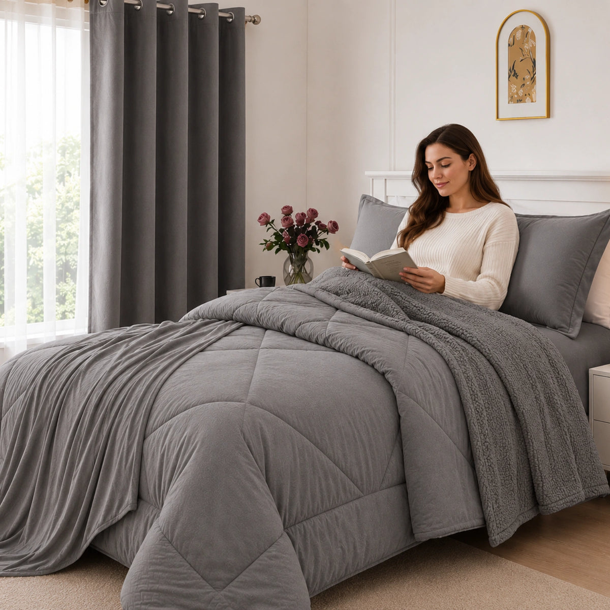 Set Cobertor Queen 7 Piezas Gris Claro