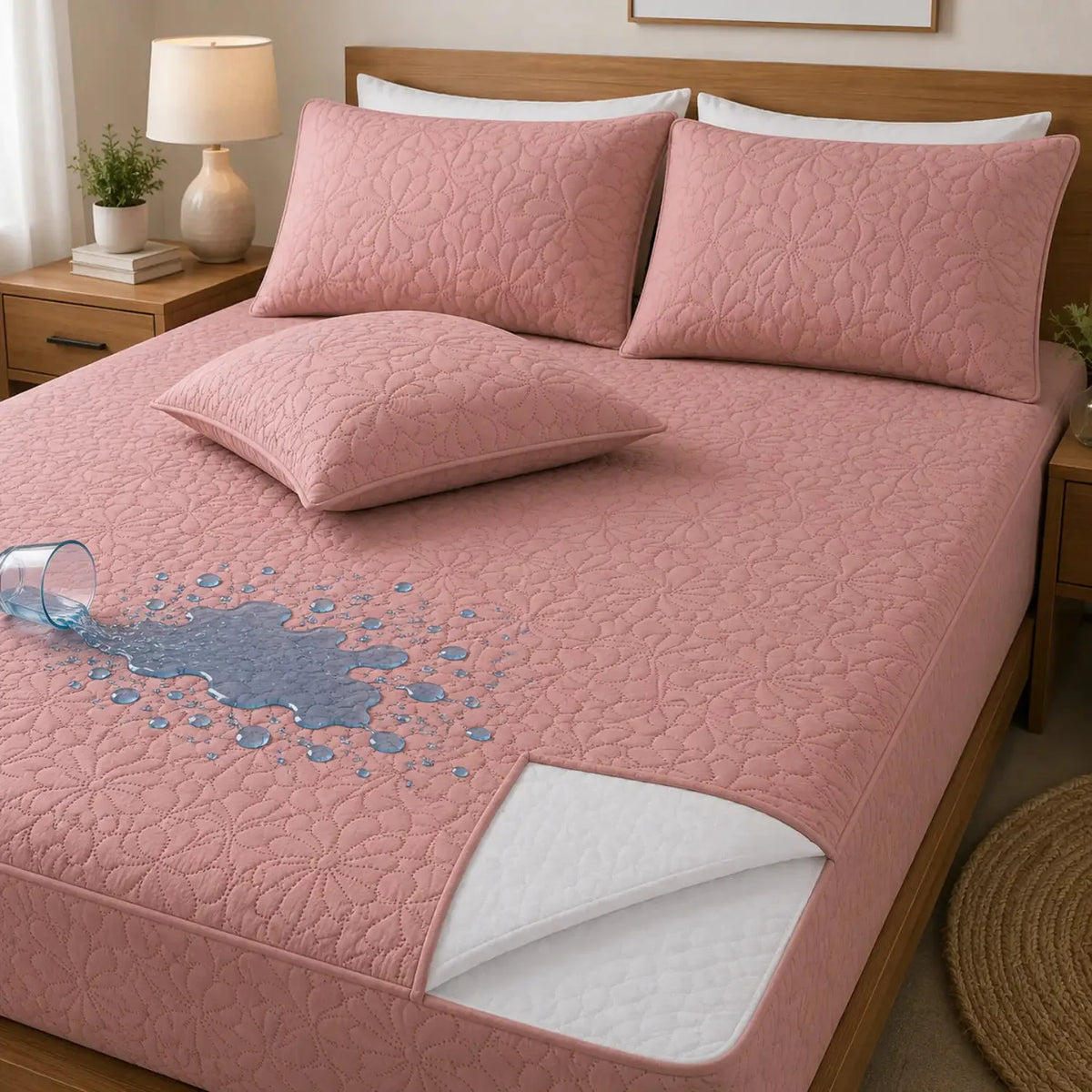 Protector de colchón impermeable King en color rosa, ropa de cama ultra suave con fundas de Enigma Store.