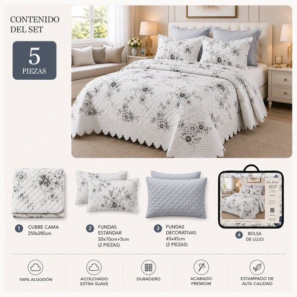 Cubrecama Quilt Bordado King 5 Piezas Flores Grises