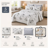 Cubrecama quilt bordado king de 5 piezas con flores grises, estilo elegante y suave, de la marca Casa Eterna.