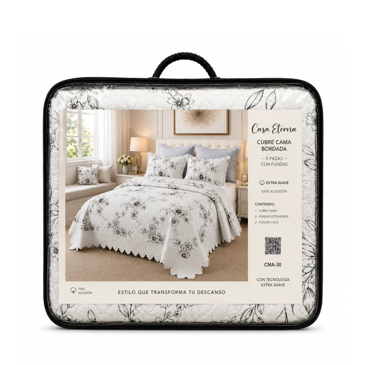 Cubrecama Quilt Bordado King 5 Piezas Flores Grises