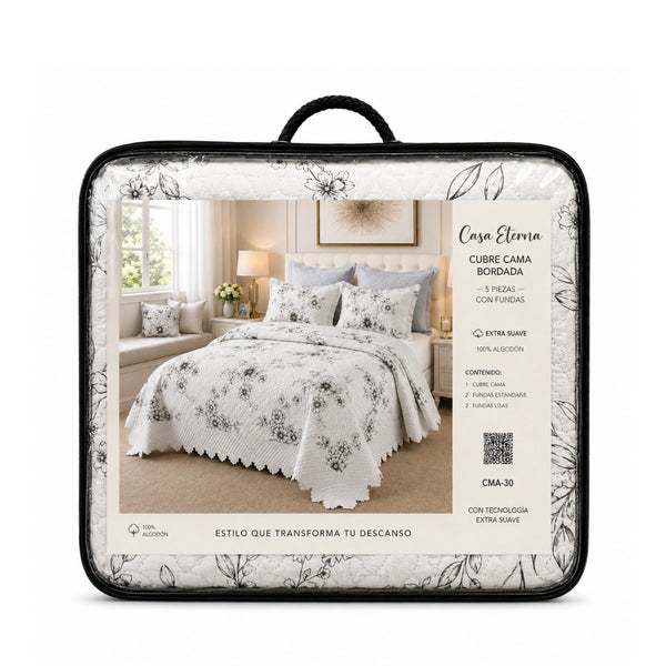 Cubrecama Quilt Bordado King 5 Piezas Flores Grises