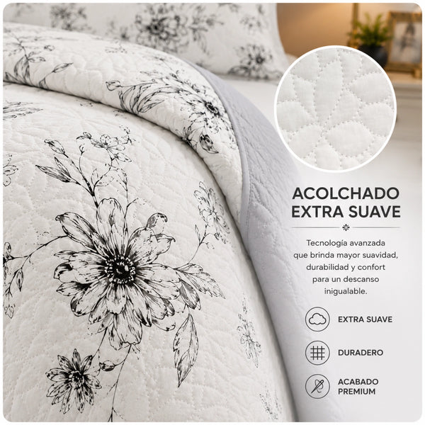 Cubrecama Quilt Bordado King 5 Piezas Flores Grises