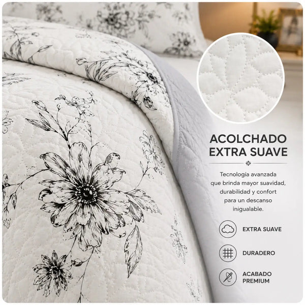 Cubrecama quilt bordado king de 5 piezas con flores grises y textura suave, de la marca Casa Eterna.