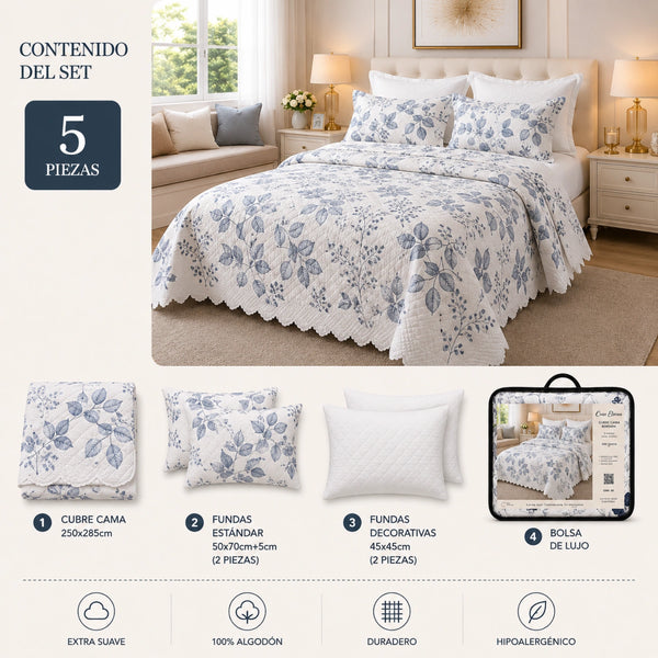 Cubrecama Quilt  Bordado King 5 Piezas Hojas Azules
