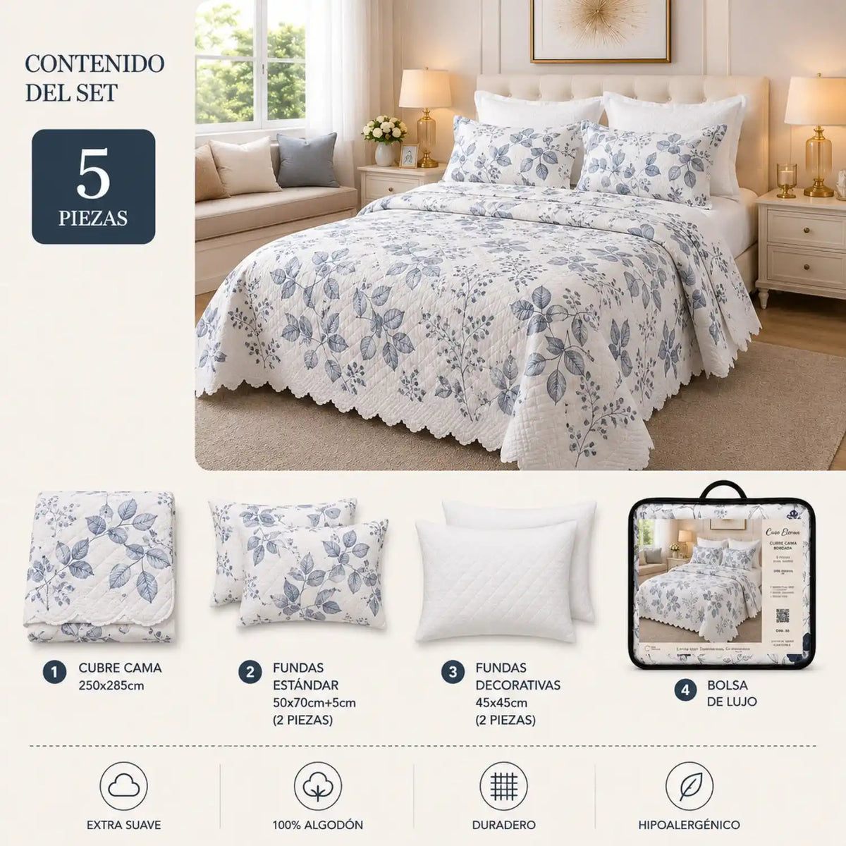 Cubrecama quilt bordado king de 5 piezas con diseño de hojas azules, de la marca Casa Eterna, en tonos suaves y elegantes.