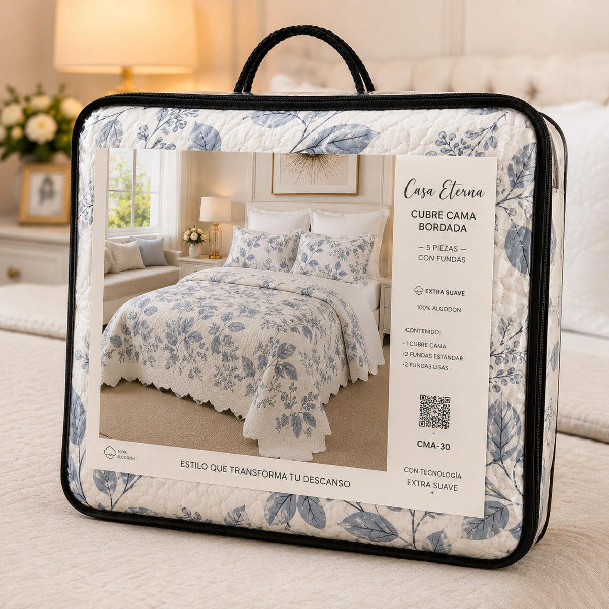 Cubrecama Quilt  Bordado King 5 Piezas Hojas Azules