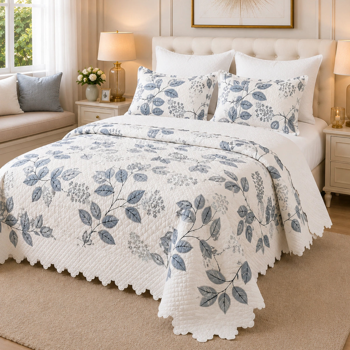 Cubrecama Quilt  Bordado King 5 Piezas Hojas Azules