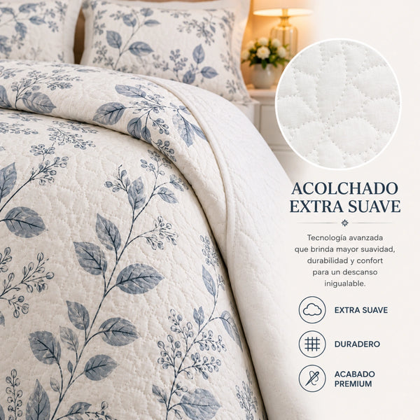 Cubrecama Quilt  Bordado King 5 Piezas Hojas Azules
