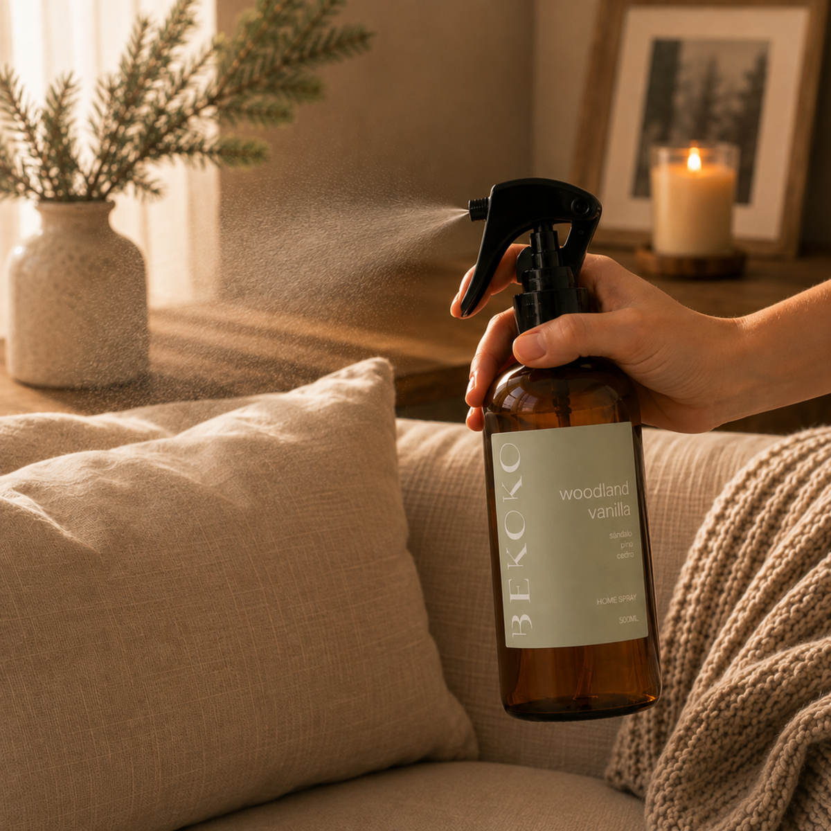 Spray aromatizante para el hogar Woodland Vainilla de 500ml de Enigma Store, con envase y pulverizador visible.