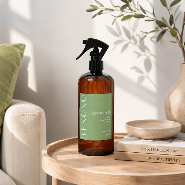 Spray aromatizante para el hogar BEKOKO Juicy Melon con aroma fresco y afrutado en envase de spray.