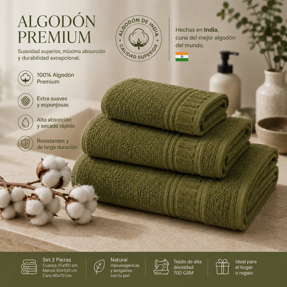 Conjunto de toallas de baño premium de algodón 700 GSM en color índigo, 3 piezas, suaves y absorbentes.