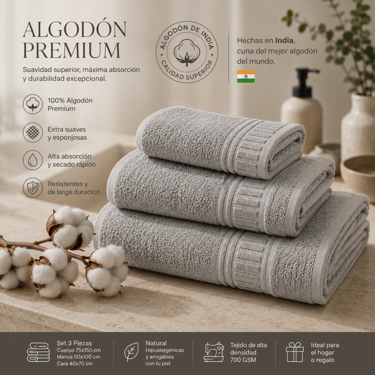 Set de Toallas de Baño Premium 100% Algodón 700 GSM | 3 Piezas