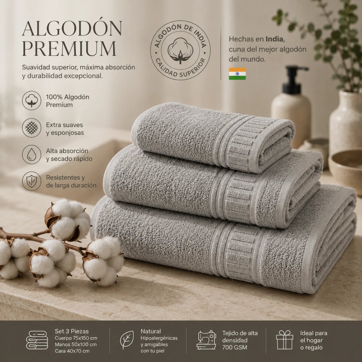Set de toallas de baño premium de 100% algodón, gruesas y suaves, en colores variados, ideal para uso diario.