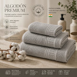 Set de toallas de baño premium de 100% algodón, gruesas y suaves, en colores variados, ideal para uso diario.