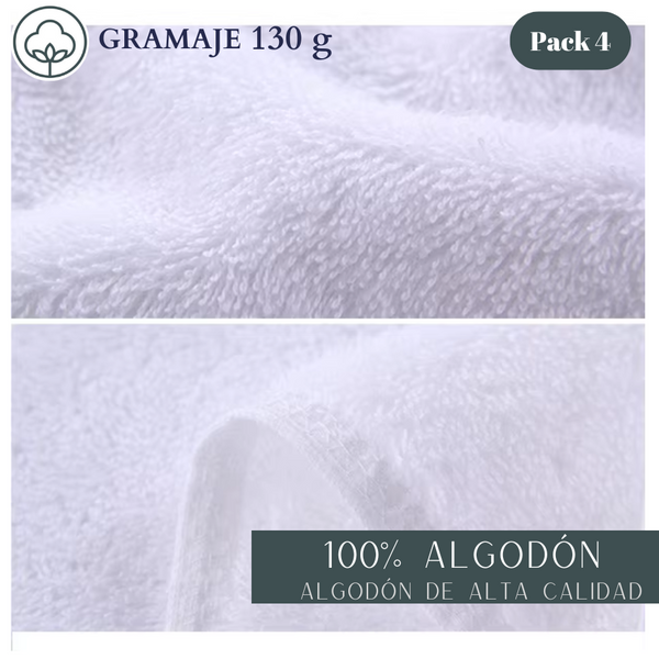 Pack De 4 Toallas Blancas Algodón 75x35 cm Baño Hotel 130 grs