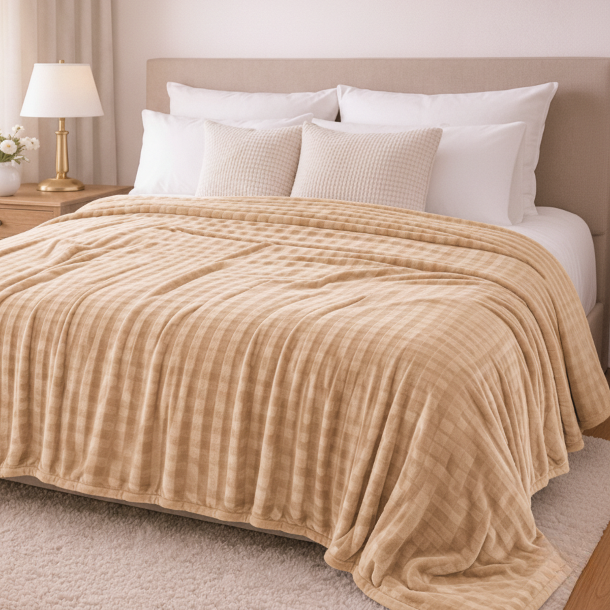 Manta plush de piel durazno en color beige, lujosa y suave, tamaño king 240x260 cm, de la marca Enigma Store.