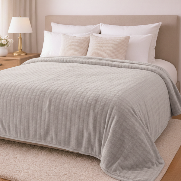 Manta plush piel durazno lujosa tamaño king de 240x260 cm, suave y cálida, en color beige claro, de la marca Enigma Store.