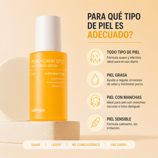 Suero coreano CELIMAX PORE+DARK SPOT BRIGHTENING para piel, con fórmula para reducir poros y manchas oscuras en la cara.