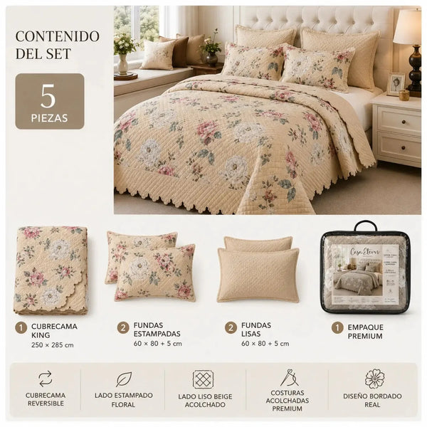Cubrecama quilt bordado king de Casa Eterna con diseño floral beige y cinco piezas para cama tamaño king.