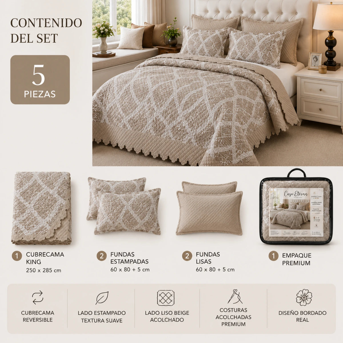 Cubrecama Quilt Bordado King 5 Piezas Geométrico Beige