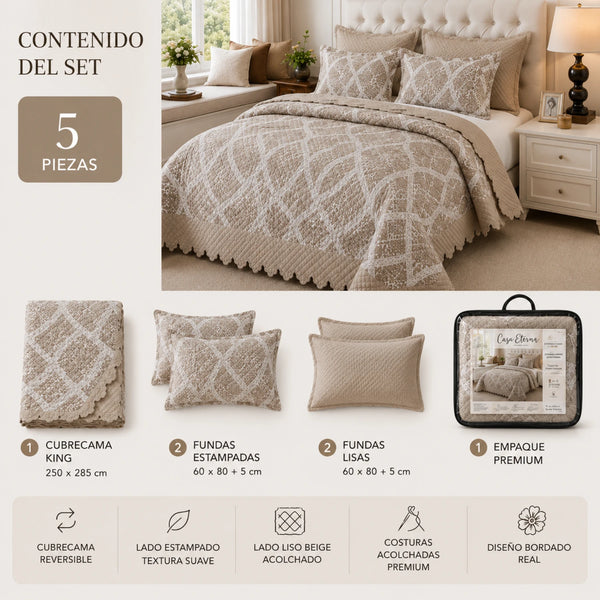 Cubrecama Quilt Bordado King 5 Piezas Geométrico Beige