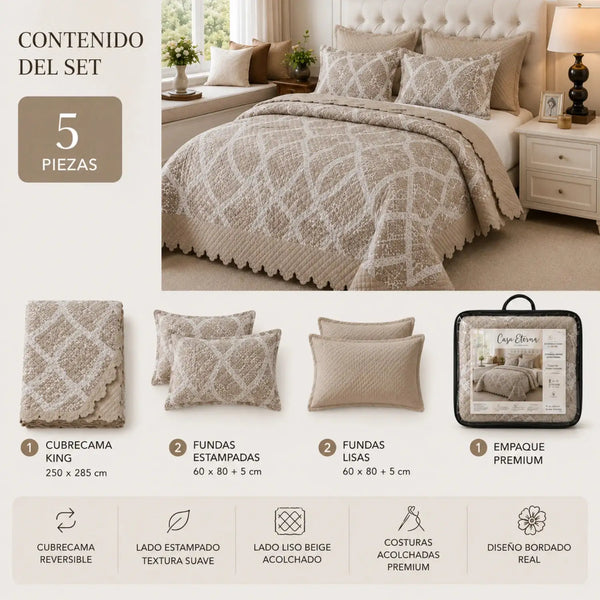 Cubrecama King de 5 piezas Casa Eterna con diseño geométrico y bordado en color beige para cama grande.