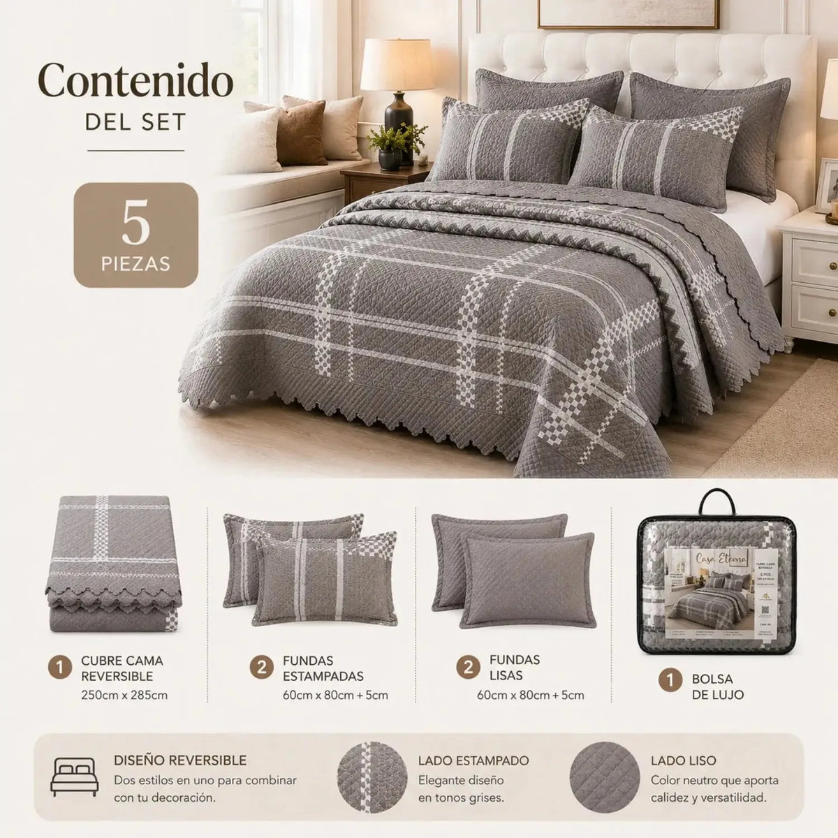 Cubrecama King de 5 piezas de Casa Eterna con diseño geométrico reversible en gris, incluye fundas y cobertores para cama grande.