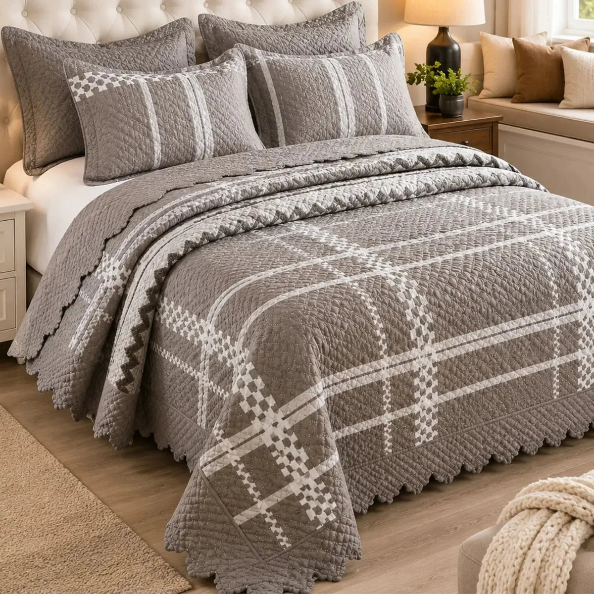 Cubrecama quilt bordado reversible para cama king, 5 piezas, diseño geométrico en gris, de Casa Eterna.