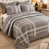 Cubrecama quilt bordado reversible para cama king, 5 piezas, diseño geométrico en gris, de Casa Eterna.