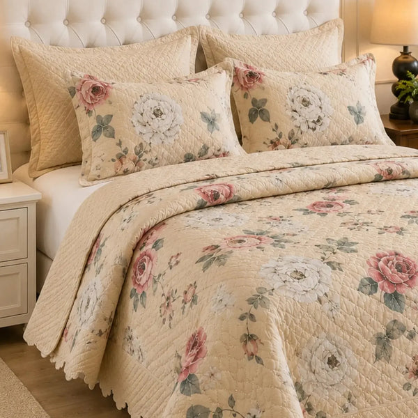 Cubrecama King de 5 piezas de Casa Eterna con bordado floral en tonos beige, muestra detalles de la tela y diseño elegante.