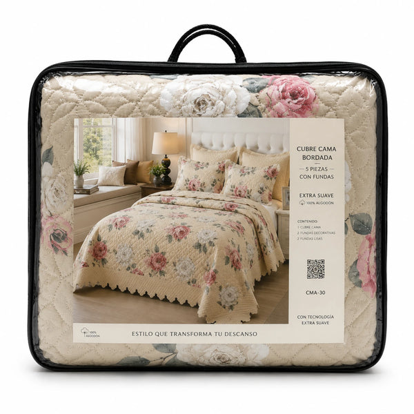Cubrecama Quilt Bordado King 5 Piezas Floral Beige