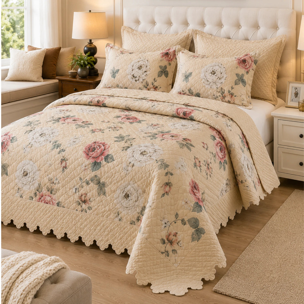 Cubrecama Quilt Bordado King 5 Piezas Floral Beige