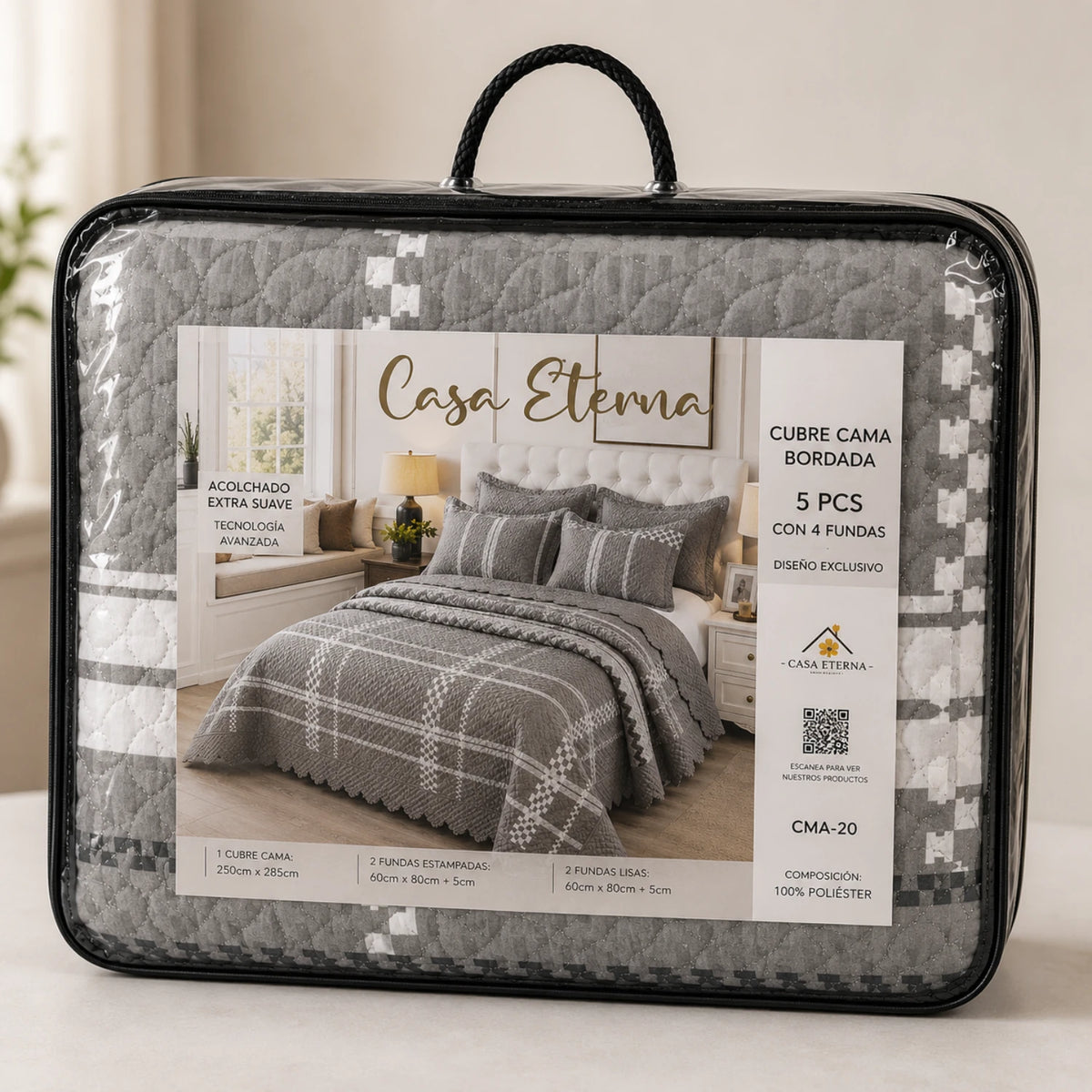 Cubrecama Quilt Bordado King 5 Piezas Geométrico Gris
