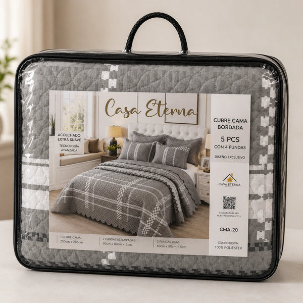 Cubrecama Quilt Bordado King 5 Piezas Geométrico Gris