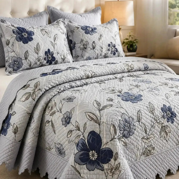 Cubrecama King de 5 piezas con bordado de flores azules, elegante y decorativo para dormitorio, de la marca Casa Eterna.