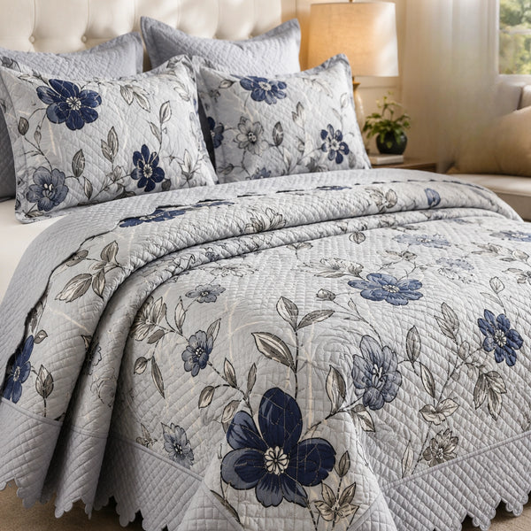 Cubrecama Quilt Bordado King 5 Piezas Flores Azules