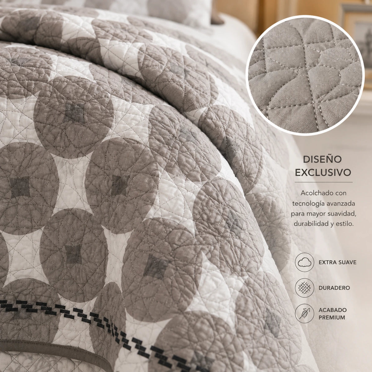 Cubrecama Quilt Bordado King 5 Piezas Geométrico