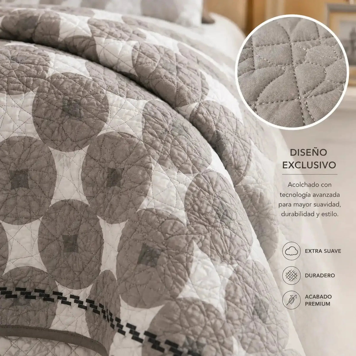 Cubrecama King de 5 piezas Casa Eterna con diseño geométrico en gris, reversible y acolchado para cama grande.