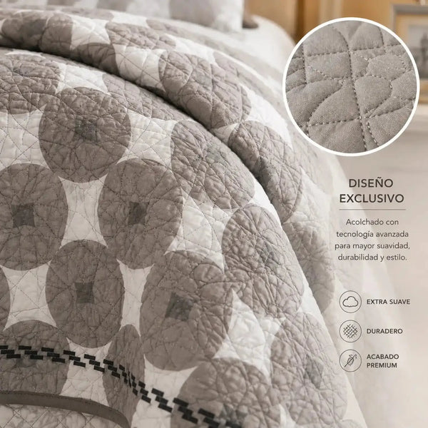 Cubrecama King de 5 piezas Casa Eterna con diseño geométrico en gris, reversible y acolchado para cama grande.