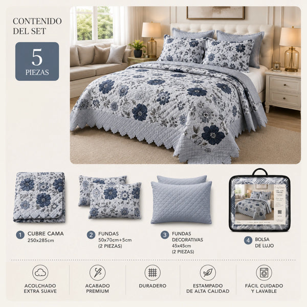 Cubrecama Quilt Bordado King 5 Piezas Flores Azules