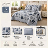 Cubrecama King de 5 piezas con bordado de flores azules, conjunto de ropa de cama de Casa Eterna.