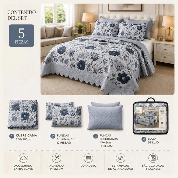 Cubrecama King de 5 piezas con bordado de flores azules, conjunto de ropa de cama de Casa Eterna.