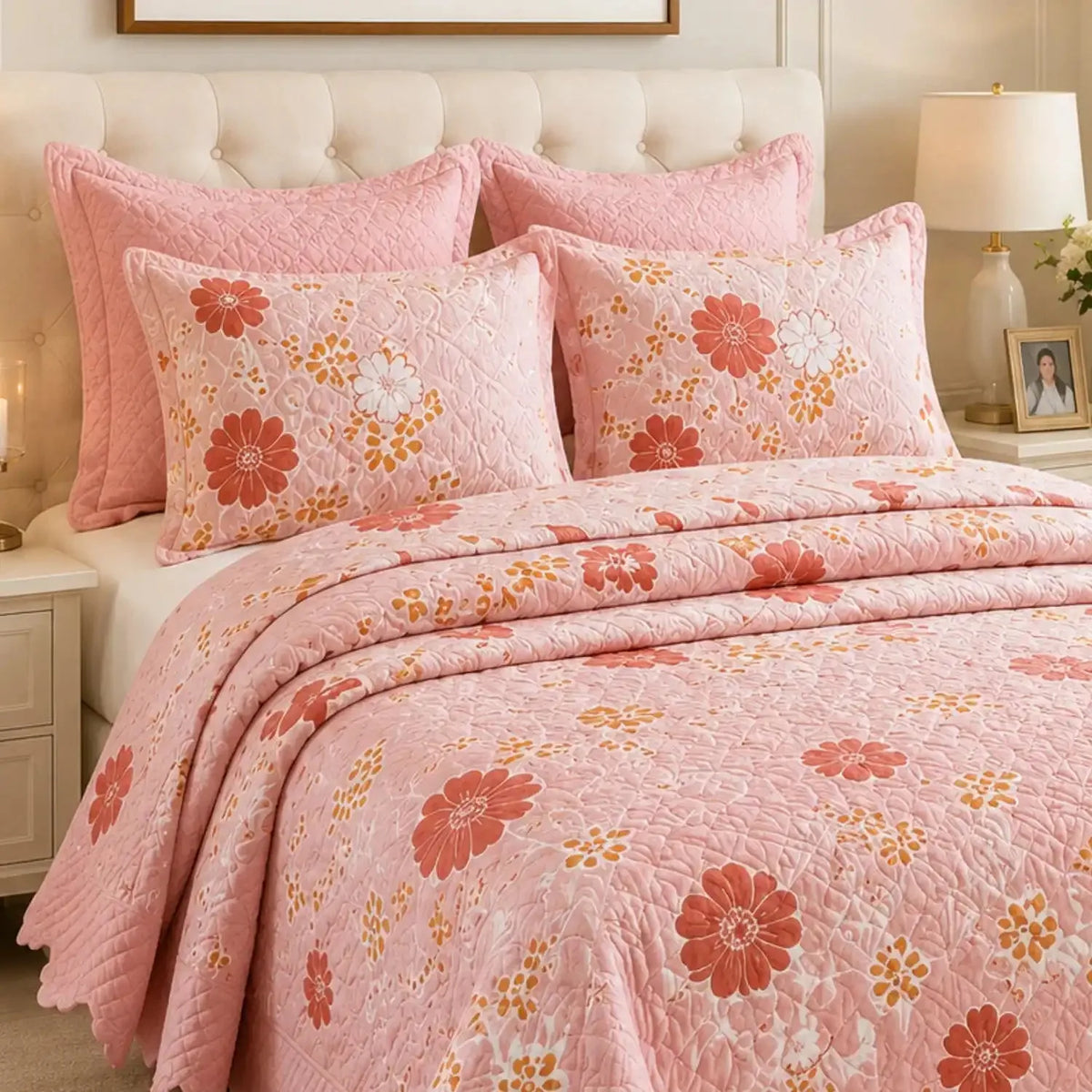 Cubrecama King de 5 piezas con bordados de flores rosadas, seda suave y diseño elegante de Casa Eterna.