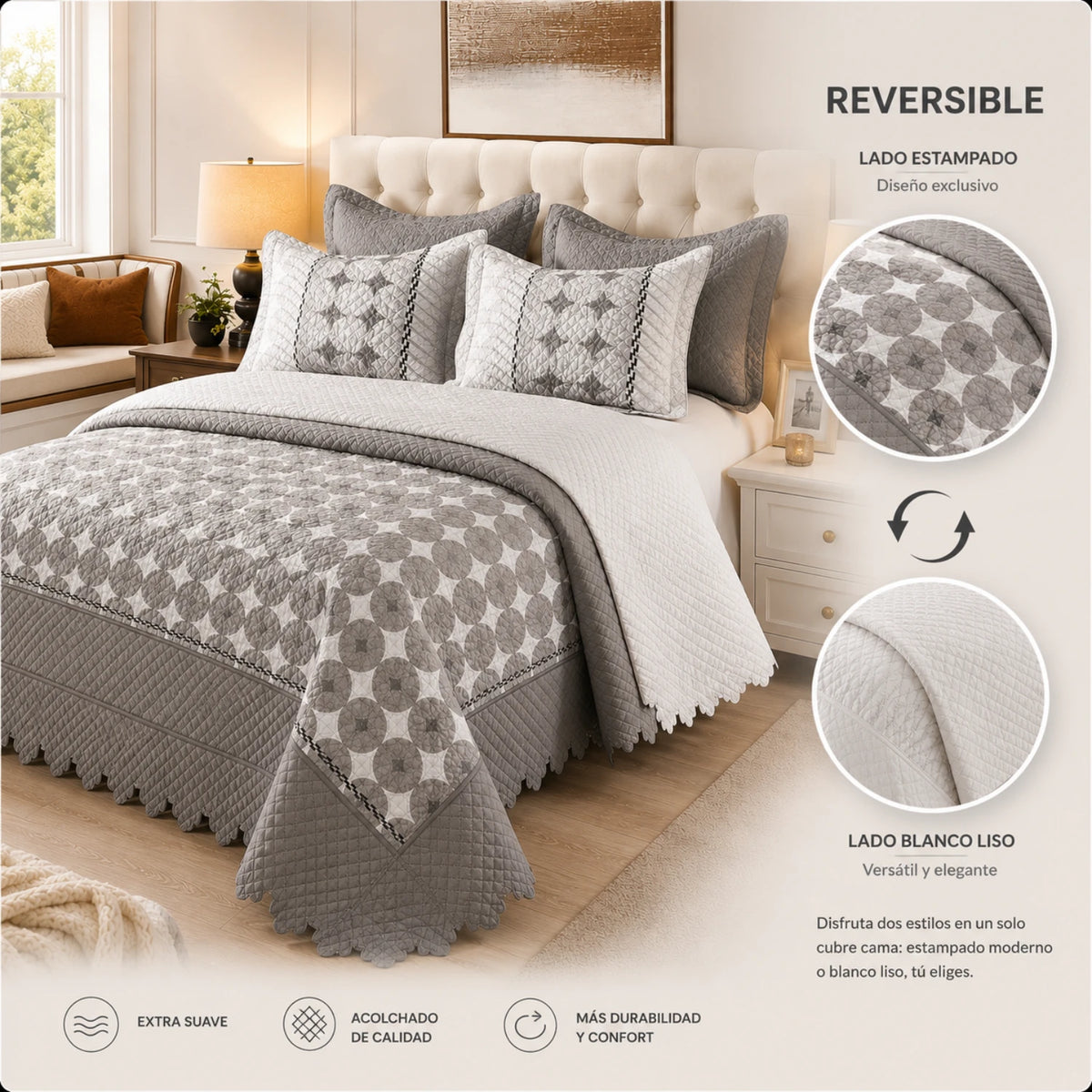 Cubrecama Quilt Bordado King 5 Piezas Geométrico